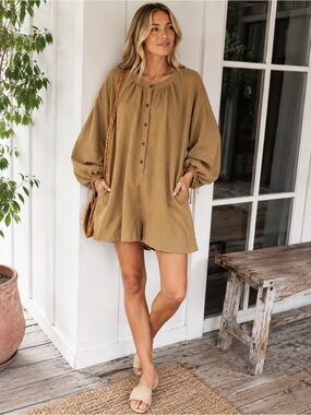 Bucket List Oversized 100% Cotton Button Down Tunic Top‎ Brown L USA